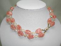 1930s 2 Row Pink and Clear Swirl Art Glass AB Crystal Bead Necklace 