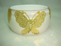 Stunning Wide Chunky White and Clear Lucite Gold Butterfly Bangle Wow!