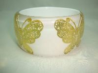 Stunning Wide Chunky White and Clear Lucite Gold Butterfly Bangle Wow!