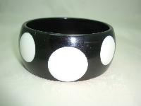 Stunning Chunky Wide Black Lucite Plastic Bangle Big White Polka Dots