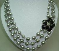 1950s Style 3 Row Grey Faux Pearl Bead Necklace Black Enamel Flower