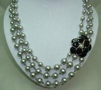1950s Style 3 Row Grey Faux Pearl Bead Necklace Black Enamel Flower