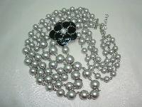 1950s Style 3 Row Grey Faux Pearl Bead Necklace Black Enamel Flower