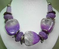 Stunning Chunky Purple and Clear Lucite Bead and Silver Disc Necklace