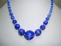 Pretty 30s Art Deco Vibrant Blue Art Glass Hand Knotted Bead Necklace 