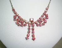 Vintage 50s Charming Pink AB Diamante Rhinestone Bow Drop Necklace