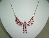 Vintage 50s Charming Pink AB Diamante Rhinestone Bow Drop Necklace