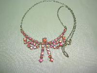 Vintage 50s Charming Pink AB Diamante Rhinestone Bow Drop Necklace