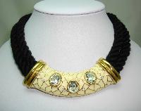 Designer 80s Chunky Two Row Black Cord Cream Enamel Diamante Necklace