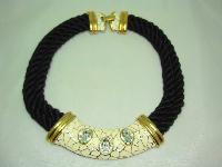 Designer 80s Chunky Two Row Black Cord Cream Enamel Diamante Necklace
