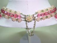 50s 3 Row AB Pink Glass Bead Drop Necklace Ster Silver Diamante Clasp!