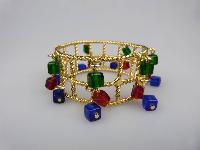 Fab 1960s WideTextured Red Green Blue Glass Dangle Charm Gold Bracelet