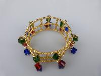 Fab 1960s WideTextured Red Green Blue Glass Dangle Charm Gold Bracelet