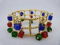 £34.00 - Fab 1960s WideTextured Red Green Blue Glass Dangle Charm Gold Bracelet