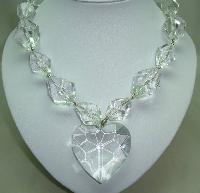 Fab Chunky Clear Lucite Acrylic Bead Necklace with Large Heart Pendant