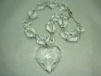 Fab Chunky Clear Lucite Acrylic Bead Necklace with Large Heart Pendant