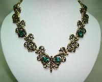 1950s Signed Jewelcraft Ornate Sparkling Green Diamante Gold Necklace