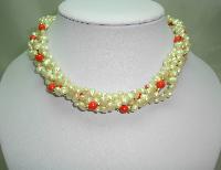 Vintage 50s Pretty 4 Row Faux Pearl and Orange Bead Torsade Necklace