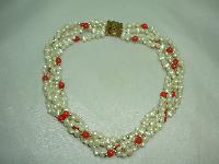 Vintage 50s Pretty 4 Row Faux Pearl and Orange Bead Torsade Necklace
