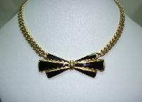 Vintage 80s Adorable Black Enamel and Gold Bow Necklace Named