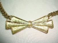 Vintage 80s Adorable Black Enamel and Gold Bow Necklace Named
