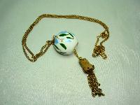 Vintage 70s Pretty Porcelain Pomander Perfume Pendant and Long Chain