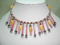 1960s Pink and Grey Glass and Wood Bead Drop Flexible Choker Necklace 