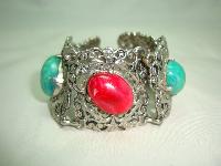 Vintage 50s Wide Green & Red Glass Stone Ornate Silvertone Bracelet 
