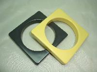 Vintage 70s Fab Pair of Yellow and Grey Square Chunky Plastic Bangles