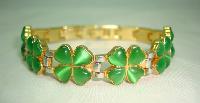  Green Glass Four Leaf Clover Goldtone and Silvertone Link Bracelet