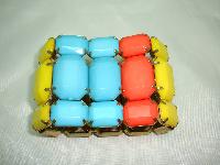 Stunning Wide Yellow Orange Blue Lucite Chunky Stretch Cuff Bracelet