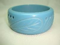 Vintage 50s Style Wide Turquoise Blue Carved Floral Plastic Bangle