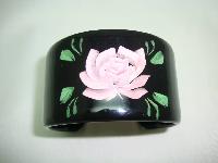 1950s Style Wide Black Pink Rose Reverse Carved Lucite Cuff Bangle Fab
