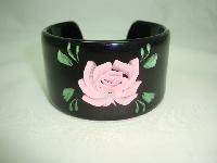 1950s Style Wide Black Pink Rose Reverse Carved Lucite Cuff Bangle Fab