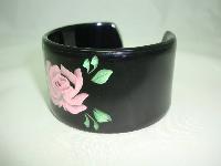 1950s Style Wide Black Pink Rose Reverse Carved Lucite Cuff Bangle Fab