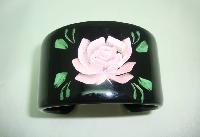 1950s Style Wide Black Pink Rose Reverse Carved Lucite Cuff Bangle Fab