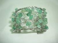 Unique Wide Knitted Wire Green Jade Bead Silvertone Cuff Bracelet 