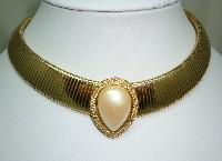 1980s Wide Flexible Faux Pearl Diamante Cleopatra Collar Gold Necklace