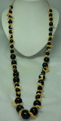 1970s Style Long Black Glass Bead Necklace with Bows!