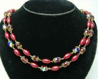 1950s 2  Row Red AB Crystal Glass & Pearl Bead Necklace