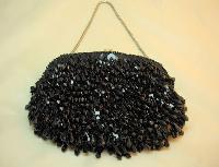 £28.00 - Vintage 50s Glamorous Black Dangle Bead and Sequin Evening Handbag