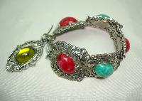 Vintage 50s Wide Green & Red Glass Stone Ornate Silvertone Bracelet 