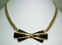 Vintage 80s Adorable Black Enamel and Gold Bow Necklace Named
