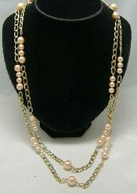 1980s 2 Row Pink Faux Pearl Bead & Gold Chain Necklace