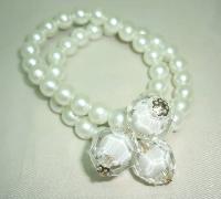 Fab 2 Row Glass White Faux Pearl Bead and Lucite Stretch Bracelet 