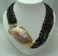 Vintage 70s 9 Row Brown Bead Necklace Huge MOP Side Feature Fabulous!