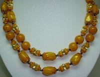 Vintage 50s Stunning 2 Row Amber & Gold Lucite Lustre Bead Necklace