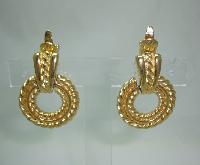 1980s Trifari Textured Hoop Drop Gold Clip On Earrings