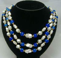 1950s 3 Row Faux Pearl & Blue Bead Necklace Nice Clasp