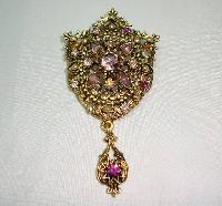 £19.00 - Vintage 50s Elaborate Purple Diamante Gold Drop Brooch